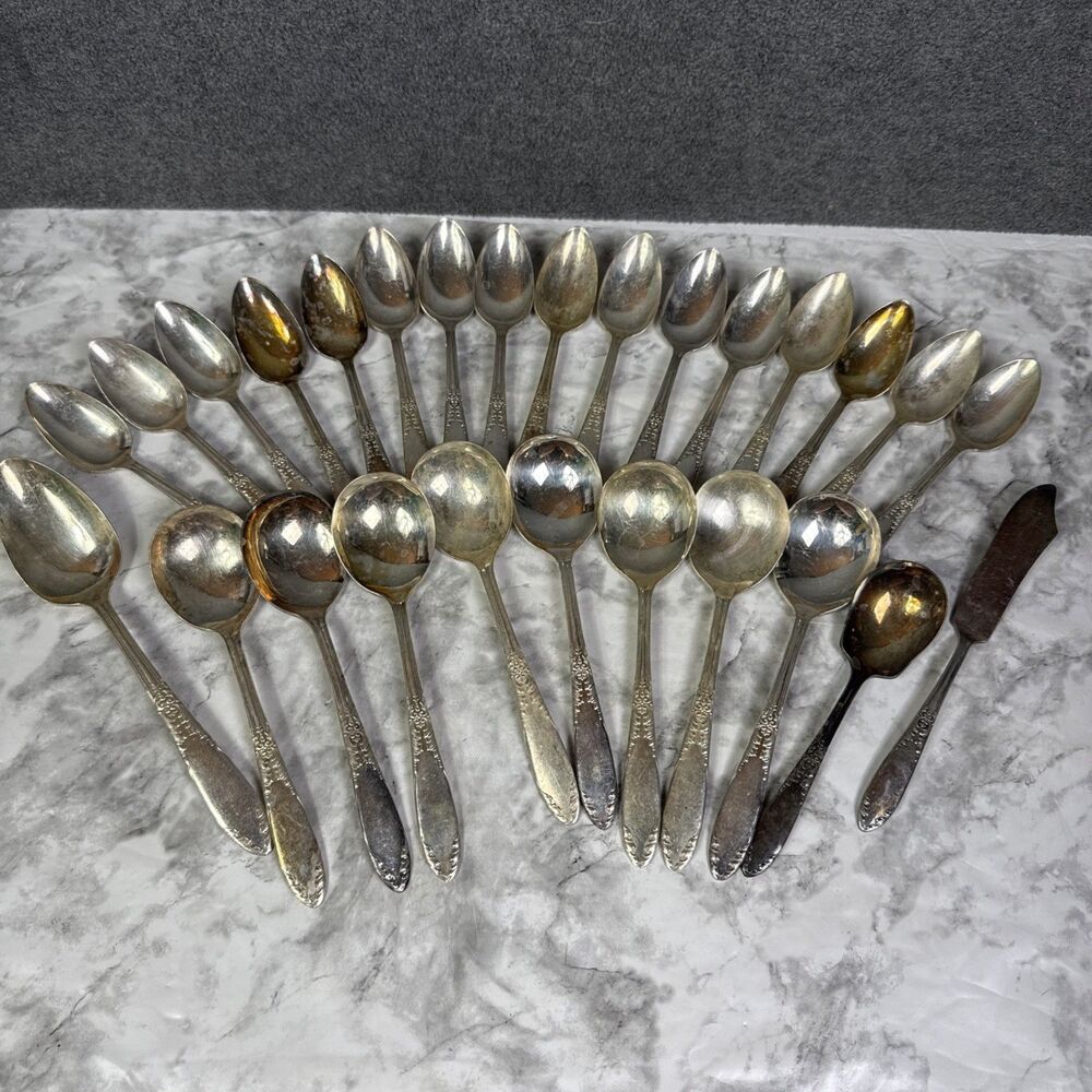 VTG King Edward Silverplate Lot Of 27 Spoons Soup Serving Sugar Demitasse Butter